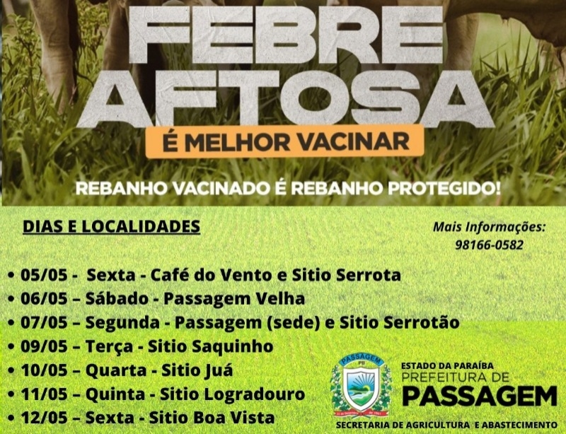 Secretaria de Agricultura de Passagem divulga calendário de vacinação contra a Febre Aftosa