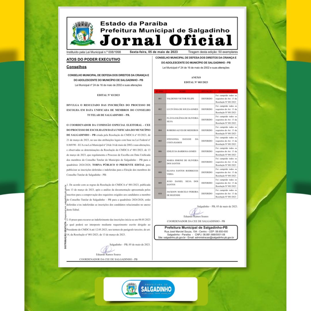 Divulgada lista dos candidatos aptos a participar da eleição do Conselho Tutelar de Salgadinho-PB. Veja