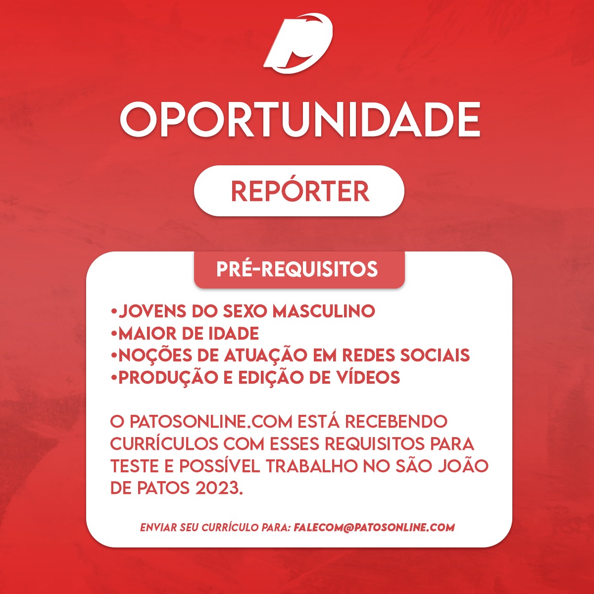 Atenção: Patosonline.com está recebendo currículo de jovens para teste. CONFIRA