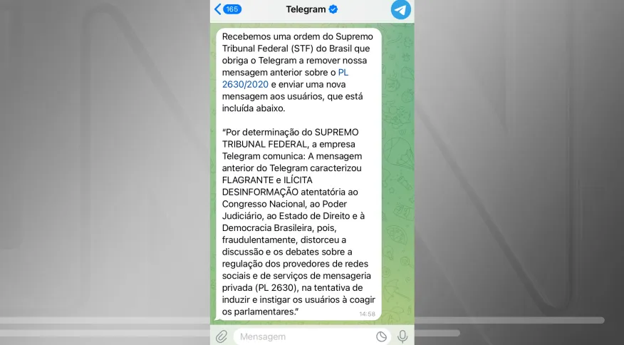 Telegram cumpre determinação de Alexandre de Moraes, apaga mensagem sobre o PL das Fake News e divulga texto sobre desinformação no lugar