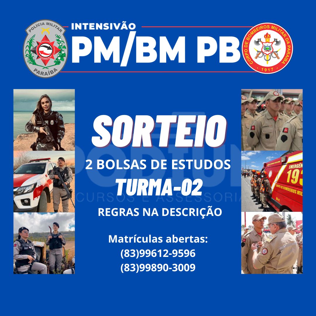 Podium Cursos lança sorteio de duas bolsas de estudos para o concurso da Polícia Militar e Corpo de Bombeiros da Paraíba. CONFIRA