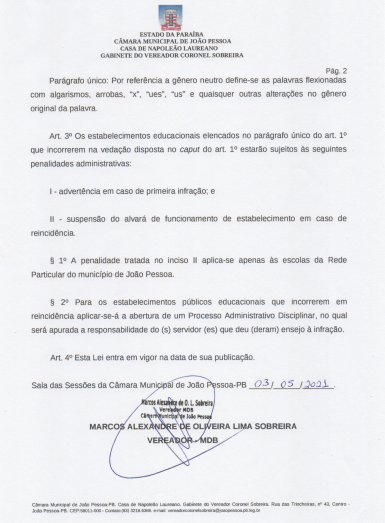 Câmara Municipal de João Pessoa aprova Projeto de Lei que proíbe utilização de 'linguagem neutra' em escolas