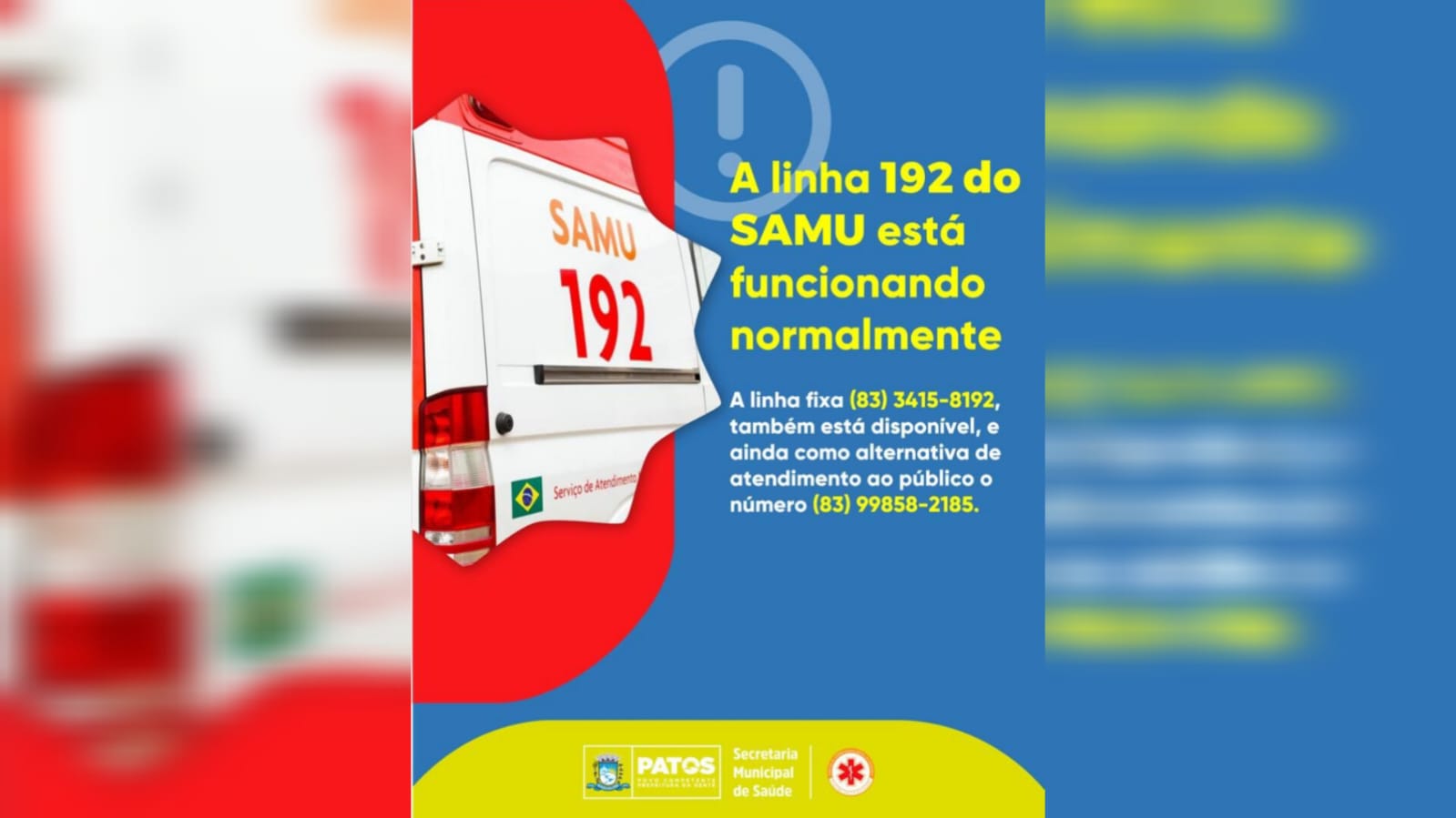 Linha telefônica do SAMU 192 retorna para atendimento à população