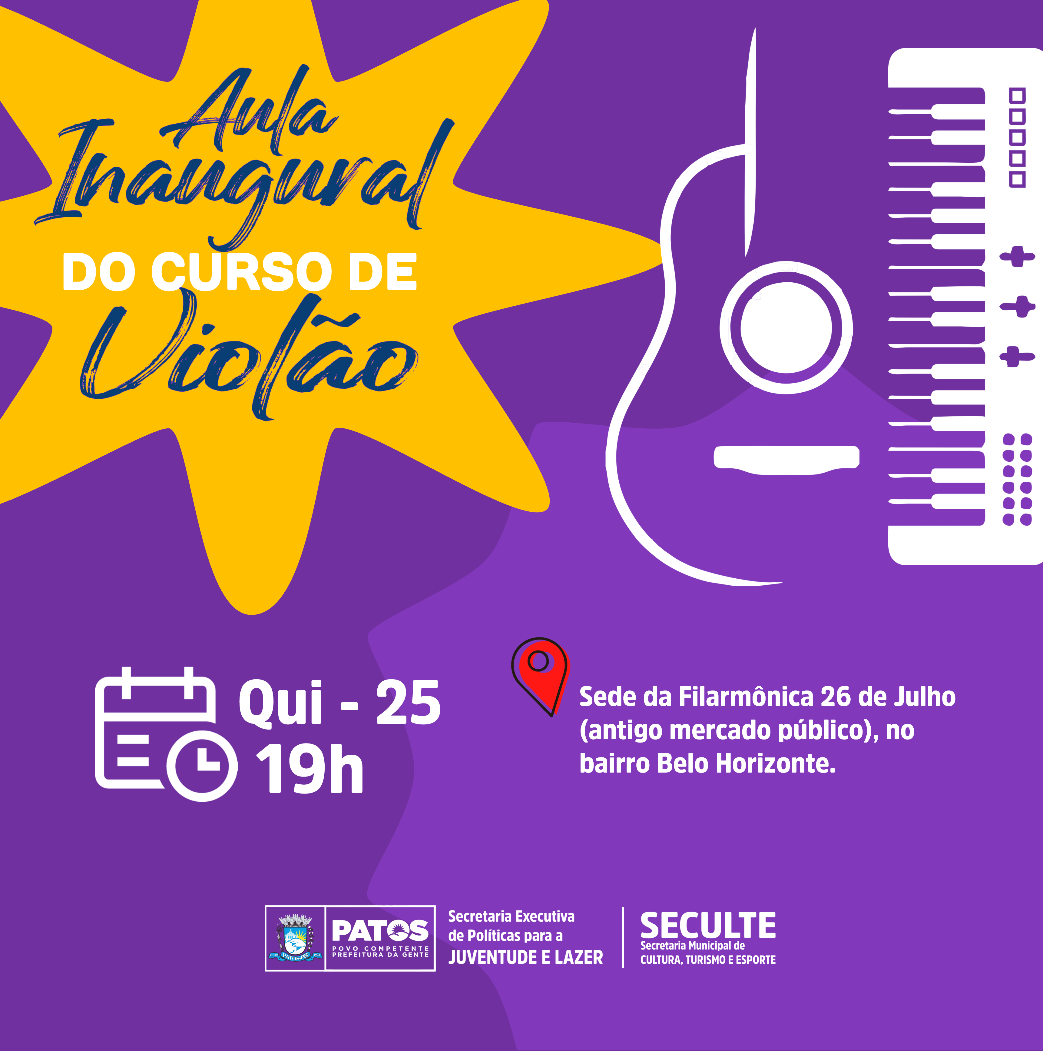 Aula inaugural do curso gratuito de violão da Prefeitura de Patos acontece nesta quinta-feira, dia 25