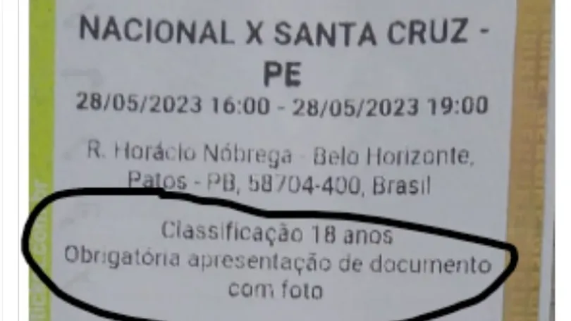 Ingresso para Nacional de Patos x Santa Cruz, pela Série D, vem com 