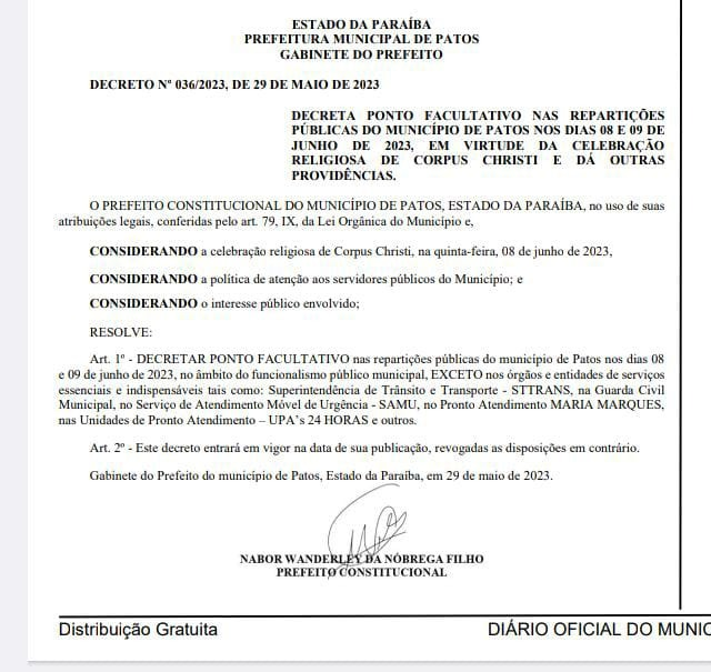 Corpus Christi: Prefeitura de Patos decreta ponto facultativo nos dias 8 e 9 de junho