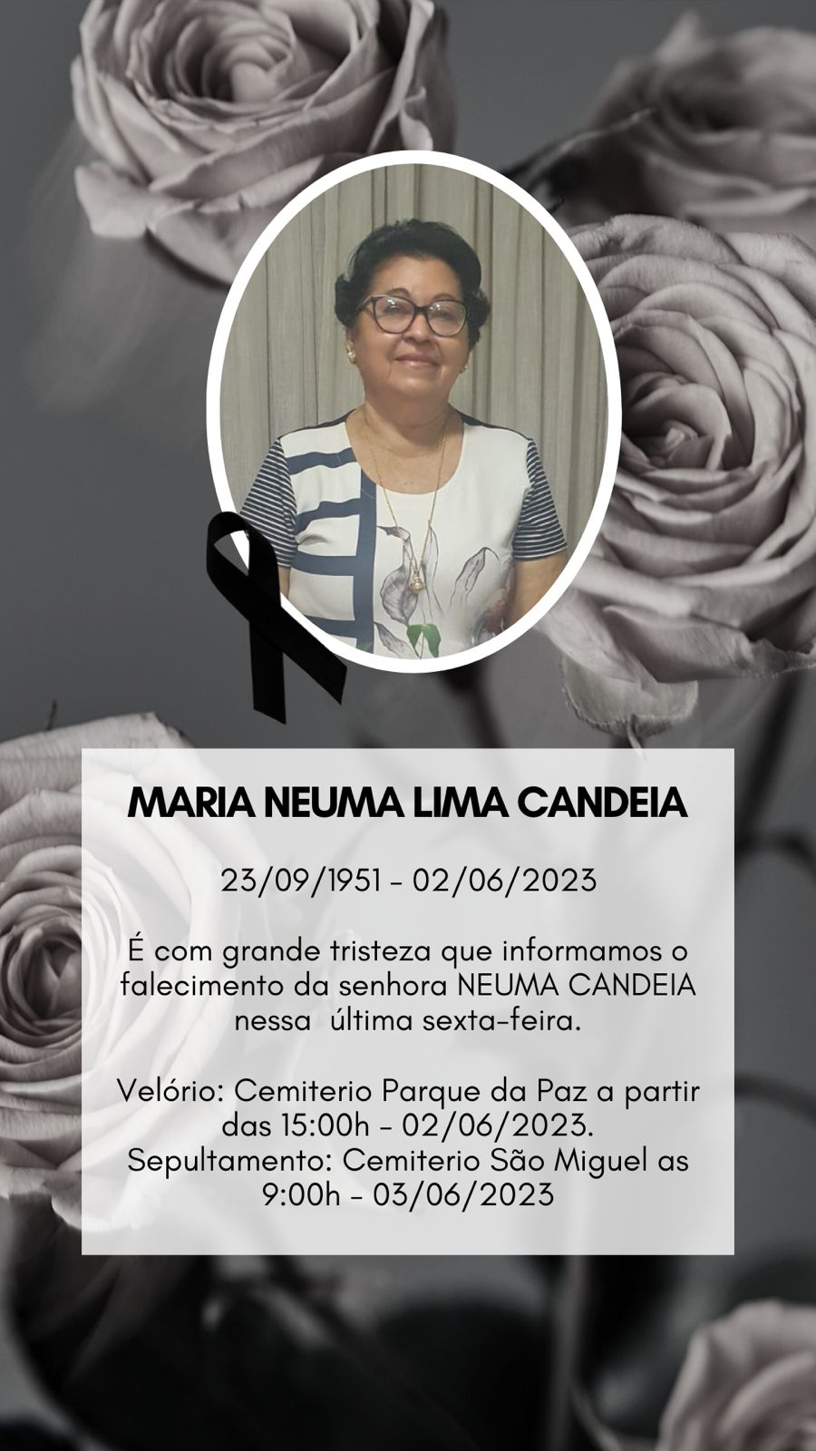 Familiares comunicam o falecimento da senhora Maria Neuma Lima Candeia (Professora Neuma)