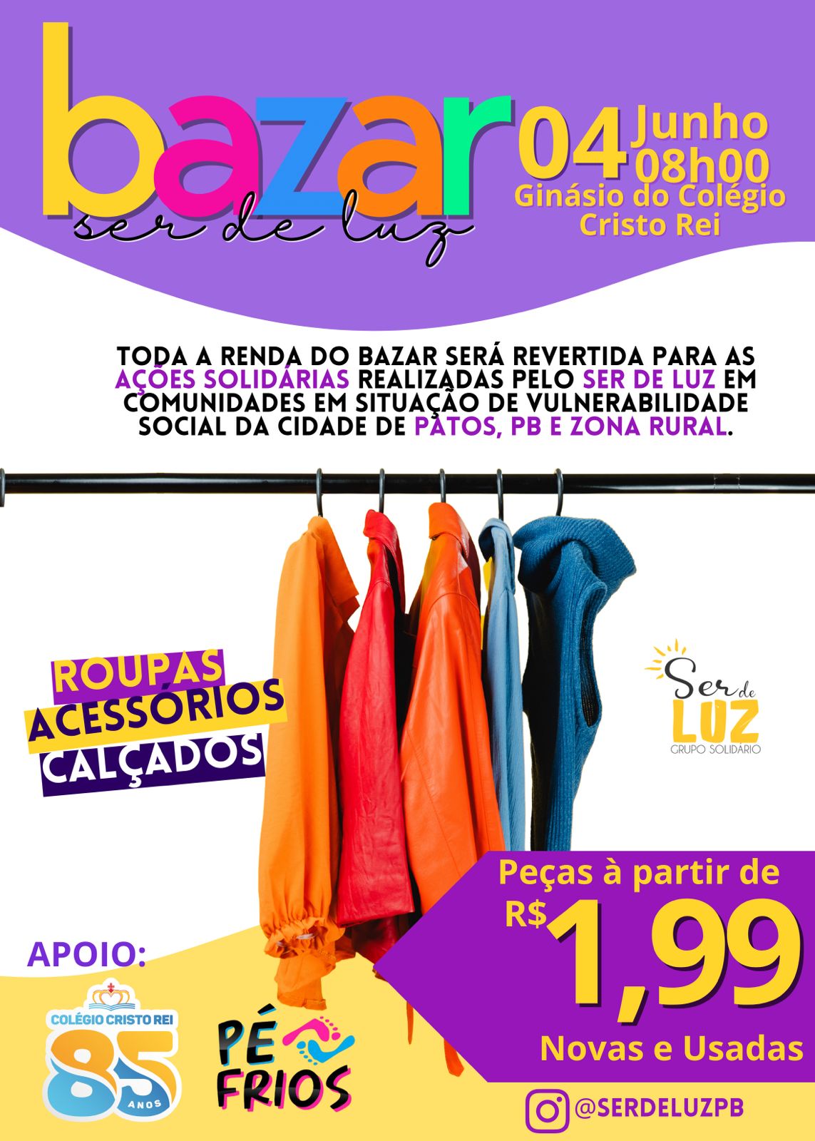 Bazar Solidário organizado pela ONG Ser de Luz será realizado neste domingo (04), em Patos, a partir das 08h