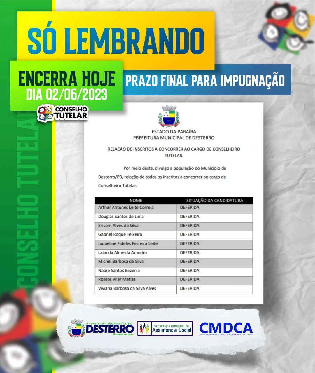 Desterro-PB define candidatos para eleição de conselheiros tutelares. Veja