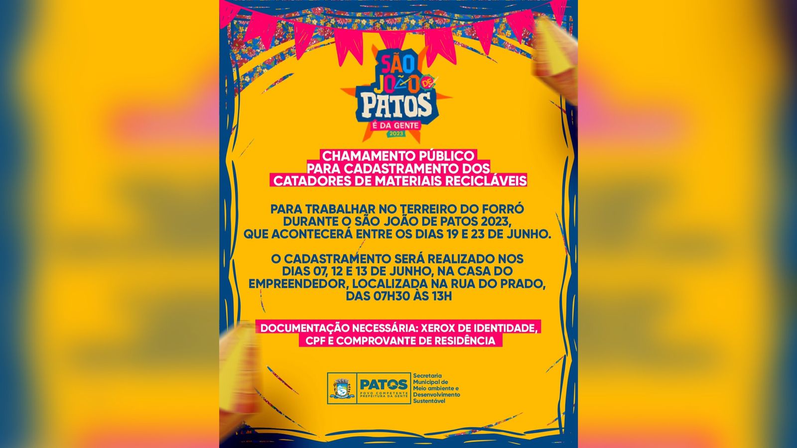 Cadastramento dos catadores de recicláveis para o São João de Patos acontecerá nos dias 7, 12 e 13 de junho