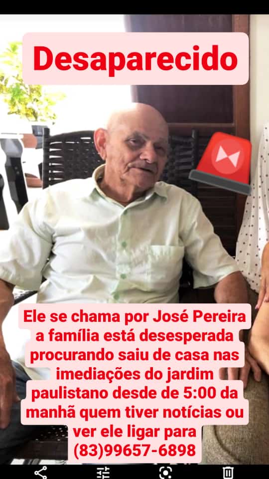 Família procura idoso de 87 anos que desapareceu em Campina Grande e pode estar na cidade de Patos