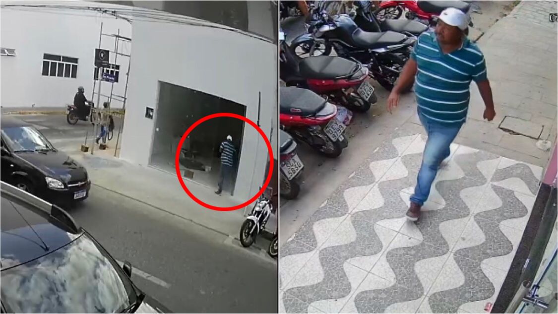 Câmeras de segurança flagram homem furtando bolsa contendo celular e objetos pessoais de trabalhador, no Centro de Patos. VÍDEO