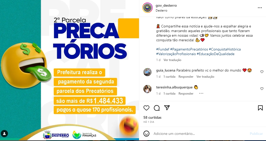 Prefeitura de Desterro-PB anuncia pagamento da 2ª parcela dos Precatórios do Fundef