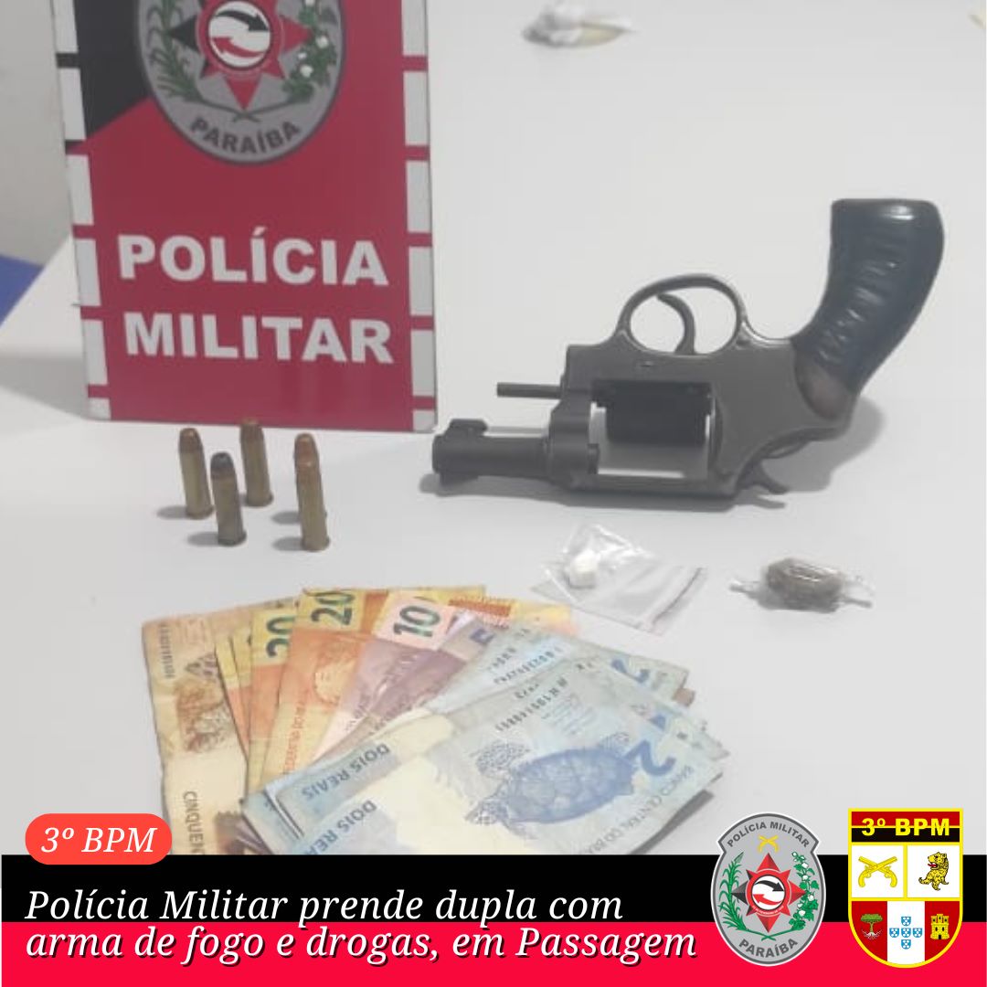 Polícia Militar prende dupla com arma de fogo e drogas, em Passagem-PB