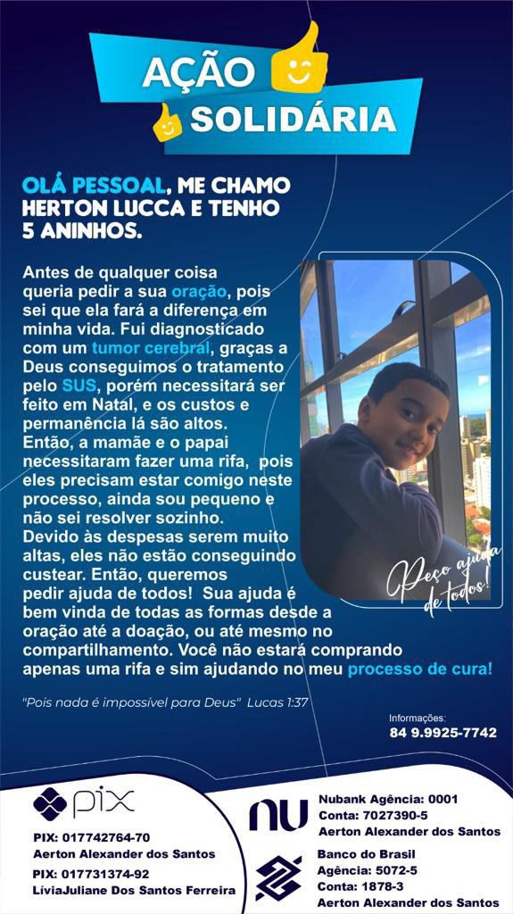 Família pede ajuda para garotinho de 5 anos com tumor cerebral inoperável e que necessita fazer um tratamento em Natal. Saiba como ajudar