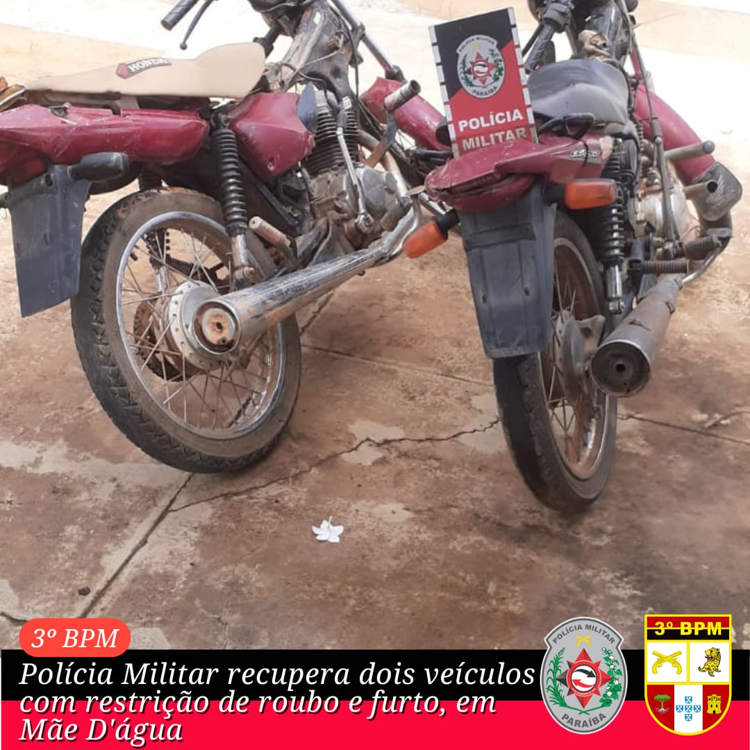 Polícia Militar recupera duas motos com restrição de roubo e furto, em Mãe d'Água