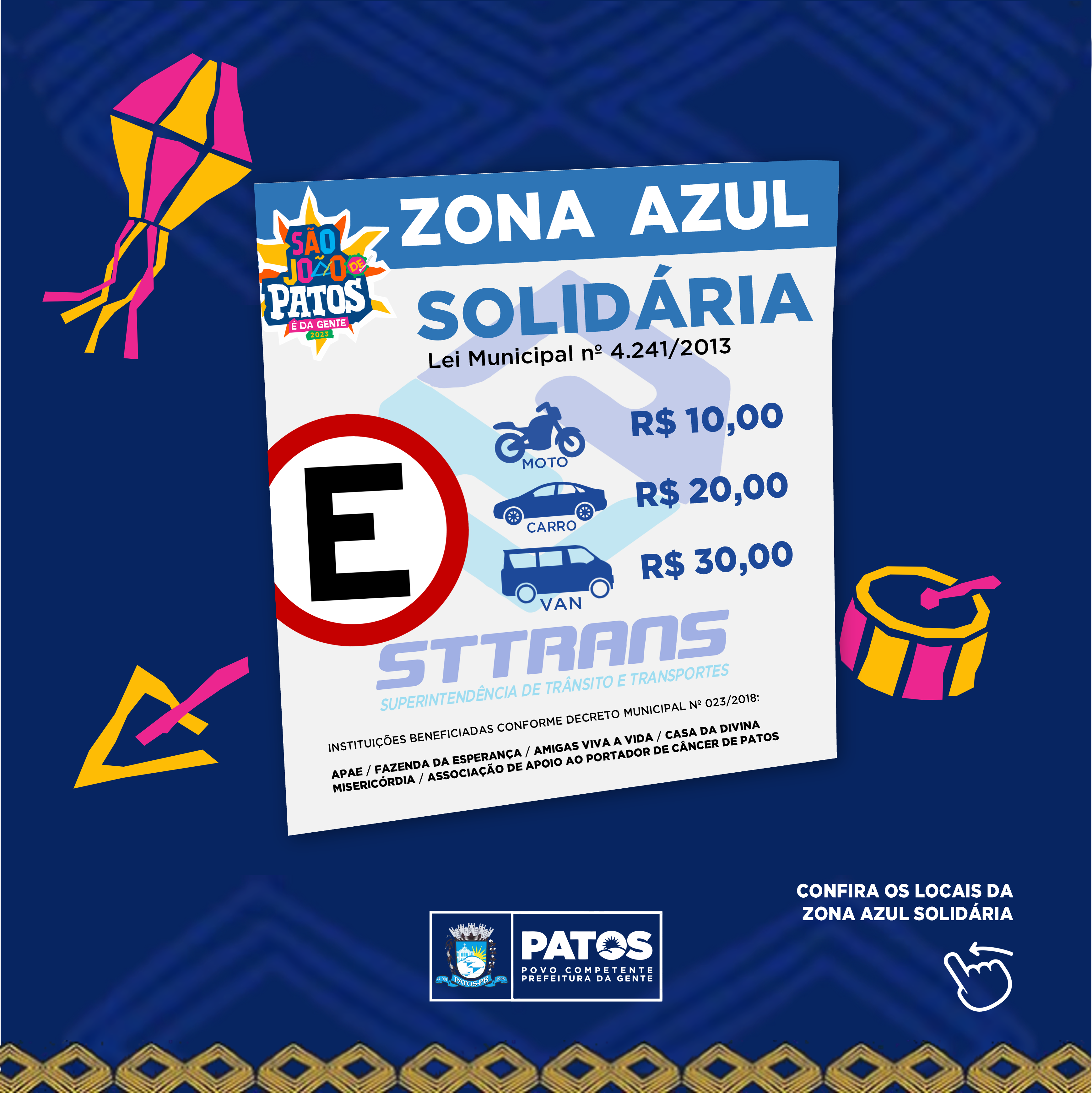 Zona Azul Solidária em prol de instituições sociais é opção de estacionamento pago durante São João de Patos