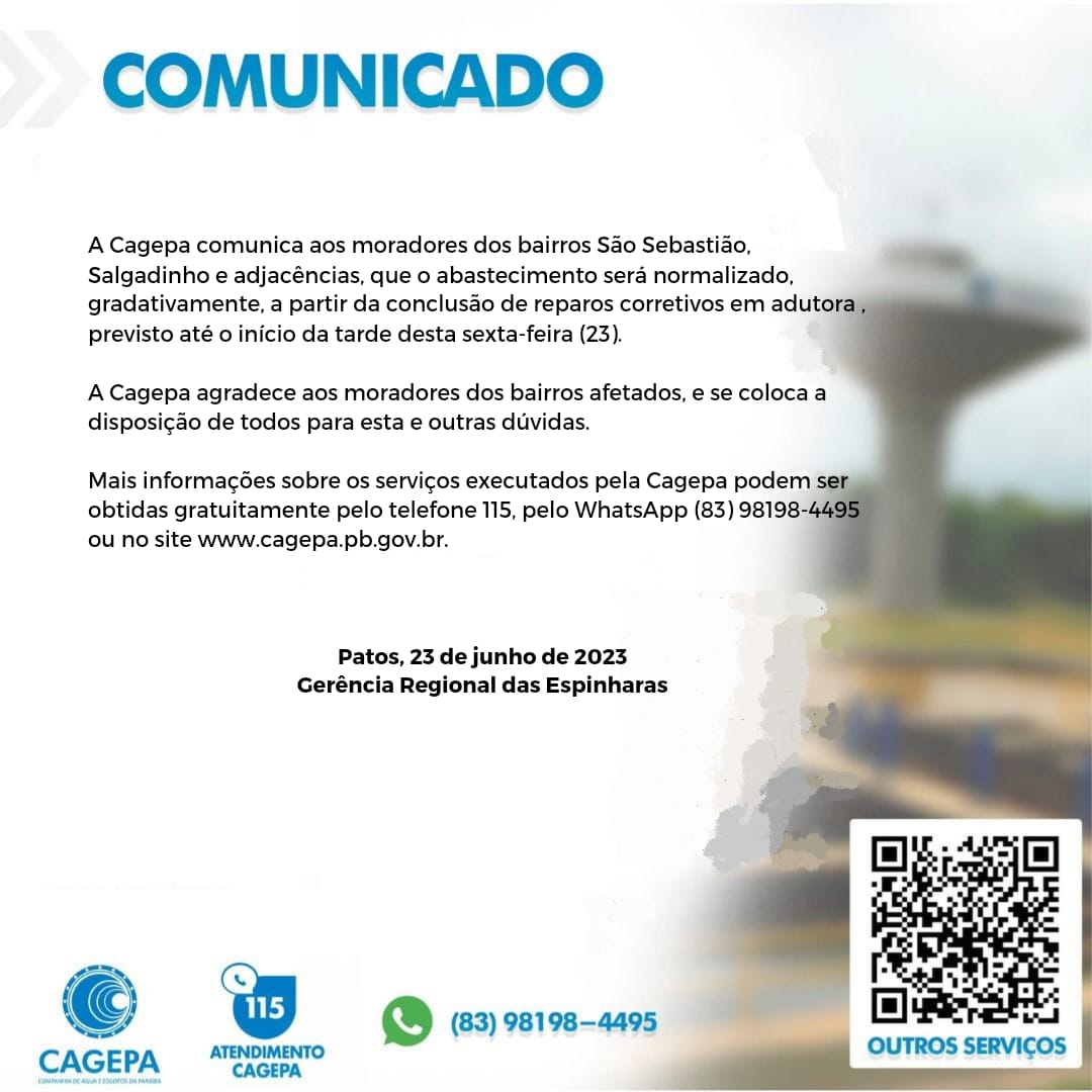 Cagepa comunica interrupção no abastecimento dos bairros São Sebastião, Salgadinho e adjacências, e informa prazo para restabelecimento do serviço