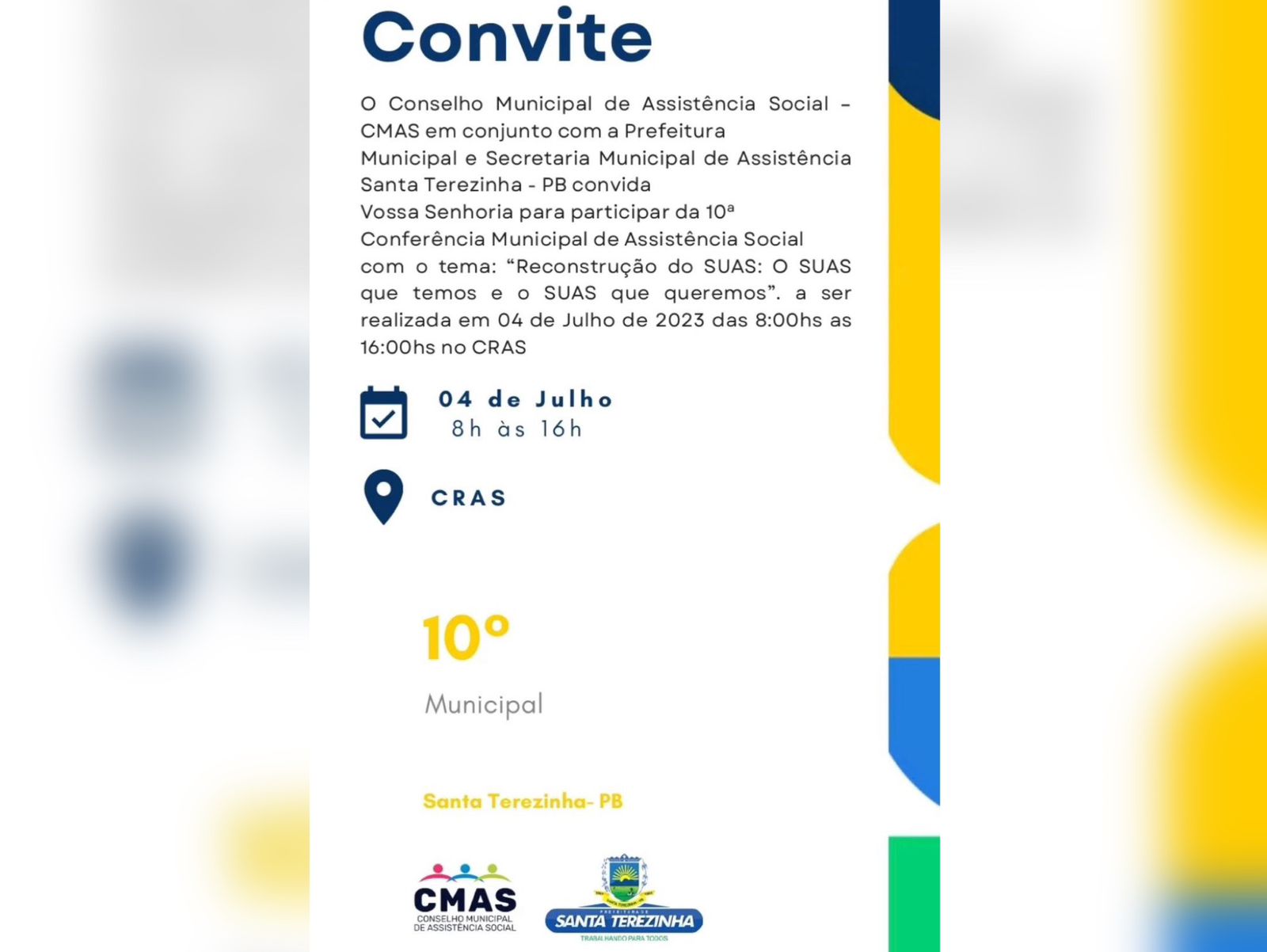 Município de Santa Terezinha realizará 10ª Conferência Municipal de Assistência Social, com o tema 