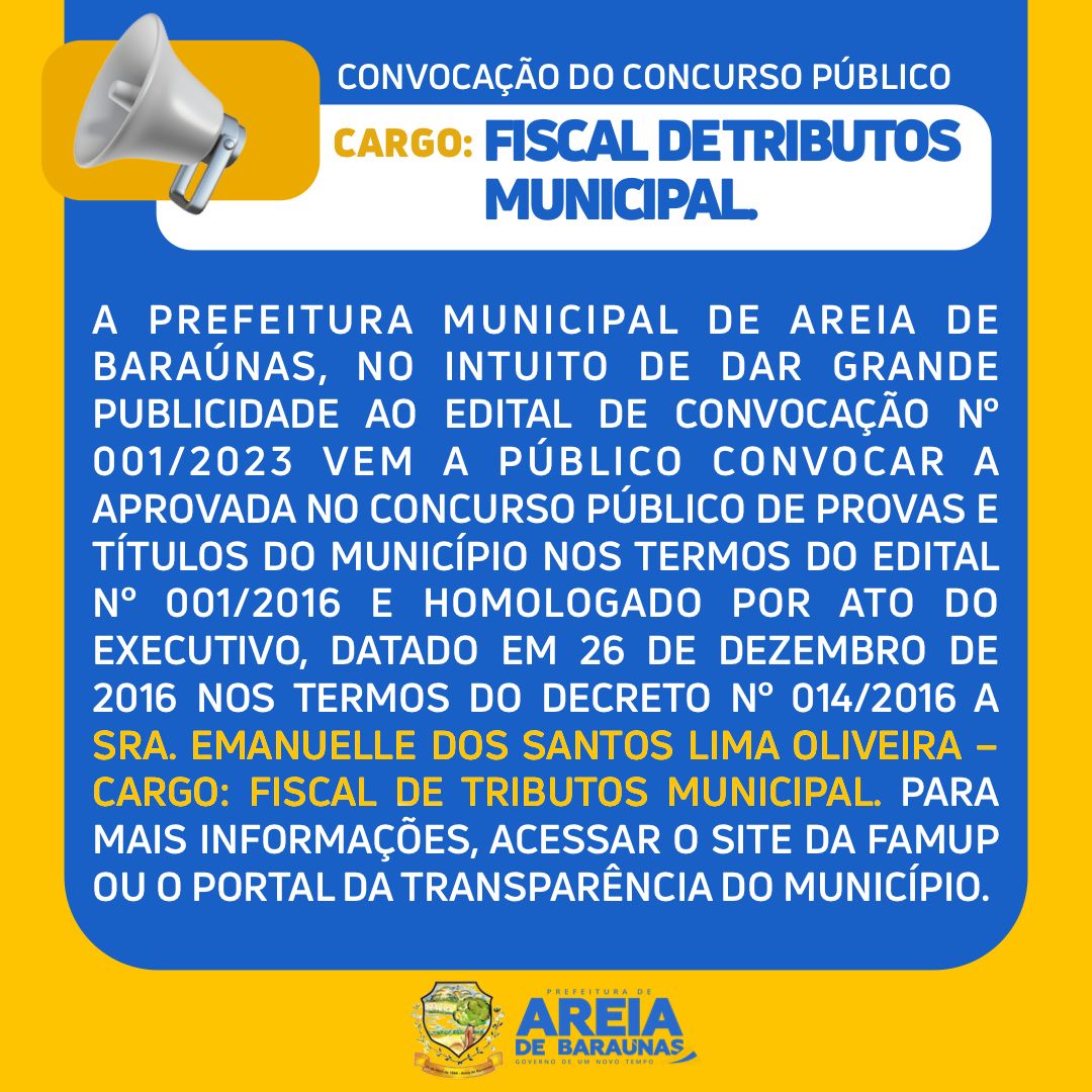 Prefeitura de Areia de Baraúnas convoca Fiscal de Tributos aprovada em Concurso Público