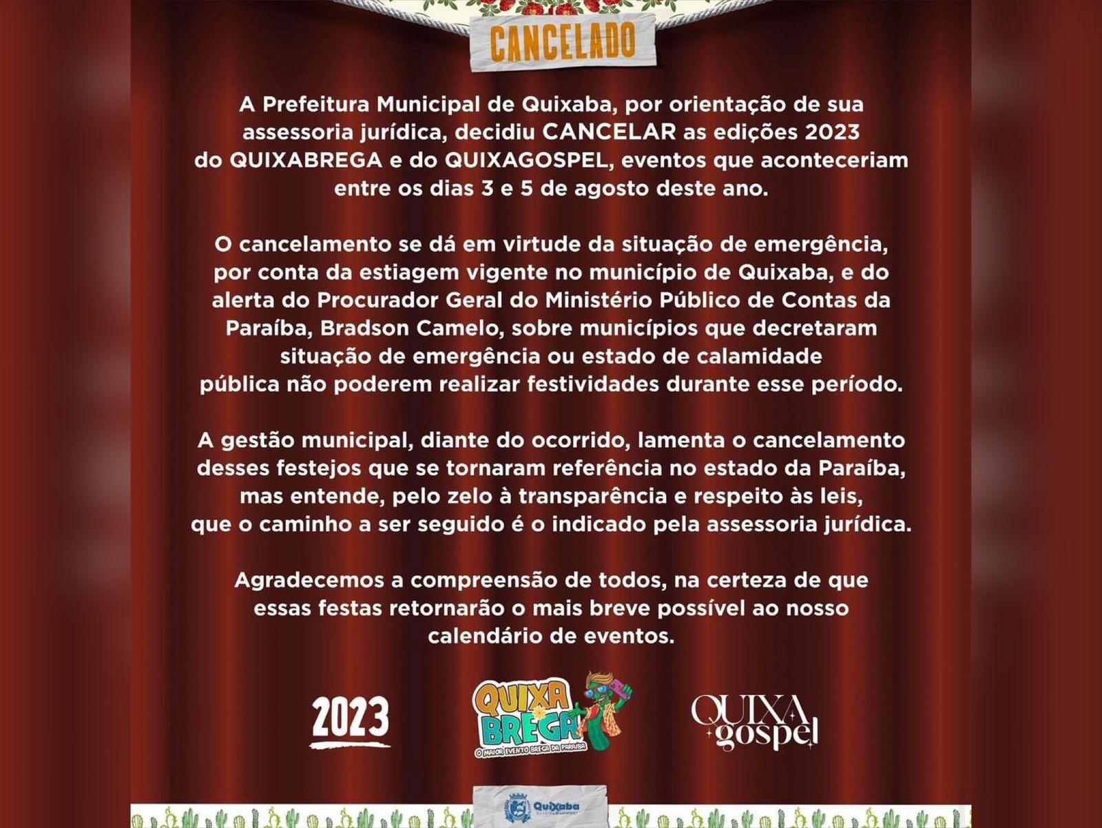 Prefeitura de Quixaba cancela edições 2023 do Quixabrega e do Quixagospel devido à situação de emergência