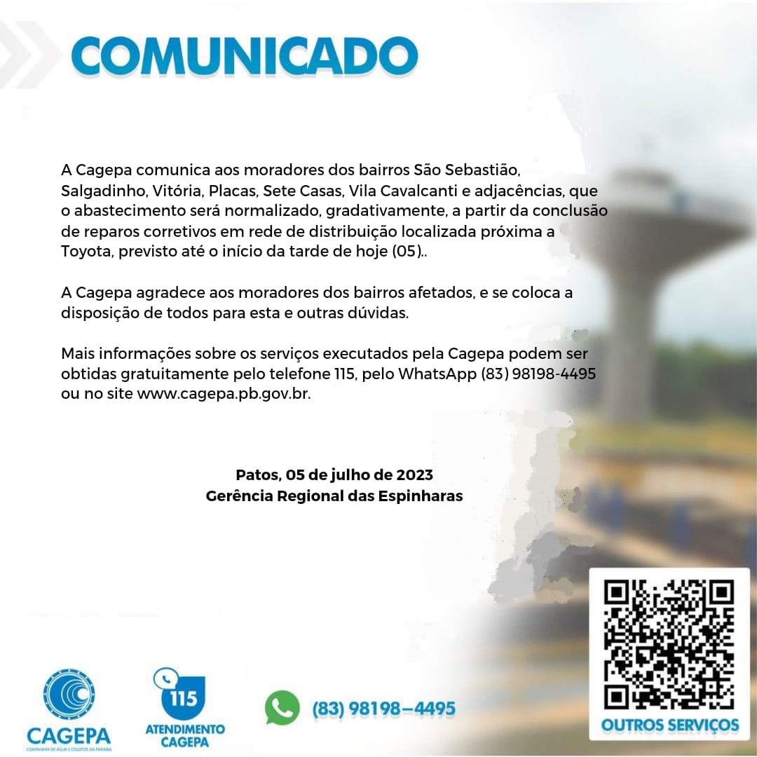 Cagepa comunica interrupção no abastecimento de água nos bairros São Sebastião, Salgadinho, Vitória, Placas, Sete Casas, Vila Cavalcanti e informa prazo para restabelecimento