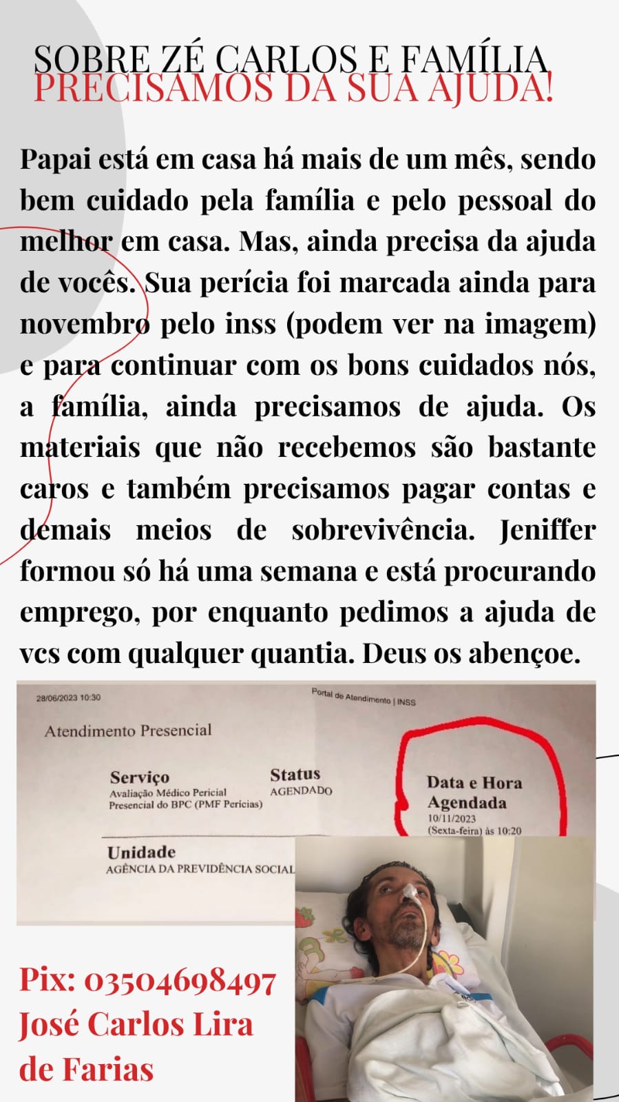 Em Patos: Família faz campanha para custear tratamento do senhor José Carlos; veja como ajudar