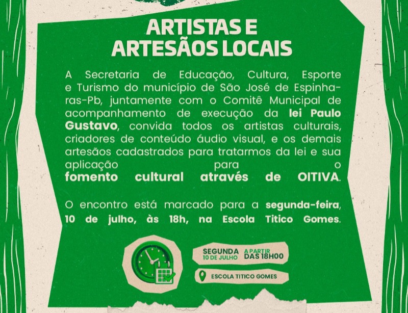 Prefeitura de São José de Espinharas convida artistas locais para participarem de reunião sobre a Lei Paulo Gustavo