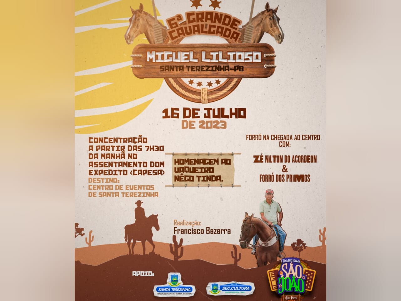 6ª Grande Cavalgada do Saudoso Miguel Lilioso acontecerá neste domingo (16) em Santa Terezinha-PB