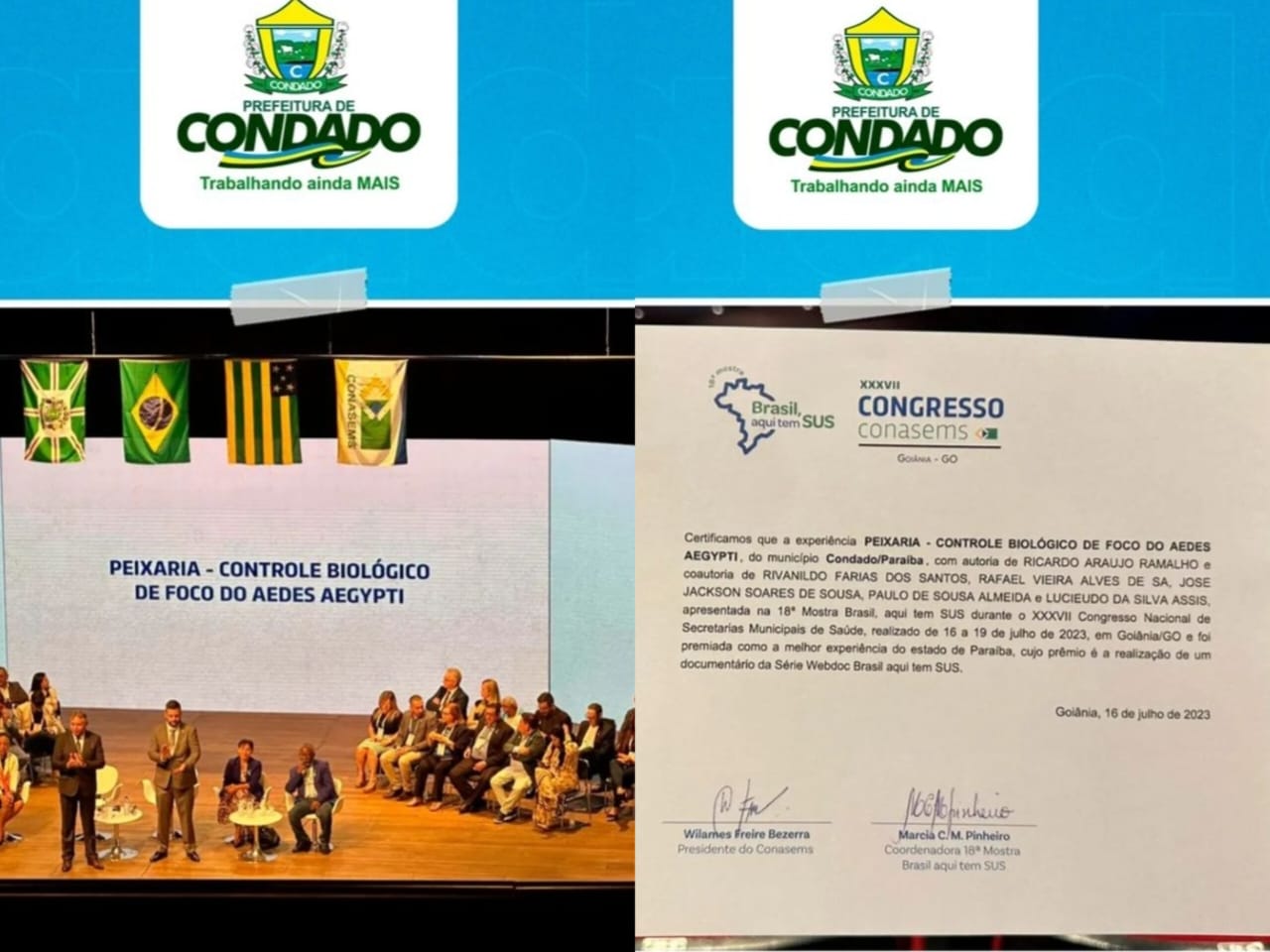 Condado recebe prêmio de experiência exitosa na 18° Mostra Brasil Aqui tem SUS, que aconteceu no XXXVII Congresso Nacional do CONAMS, em Goiânia-GO