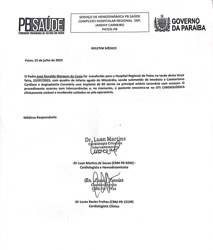 Padre Ronaldo, pároco de Piancó-PB, é transferido para hospital após infarto agudo do miocárdio