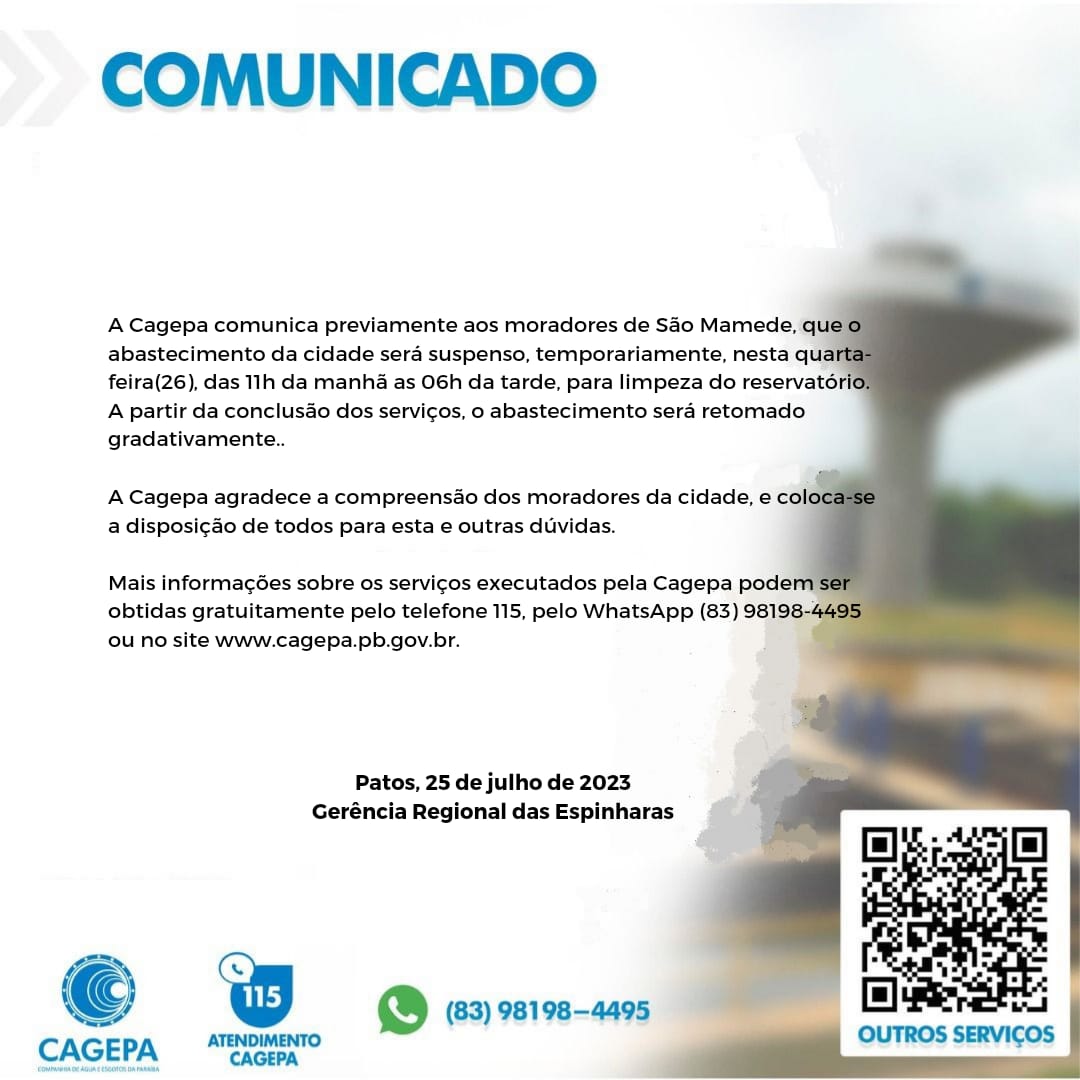 Cagepa comunica interrupção do abastecimento nos municípios de São José de Espinharas e São Mamede nesta quarta-feira (26)