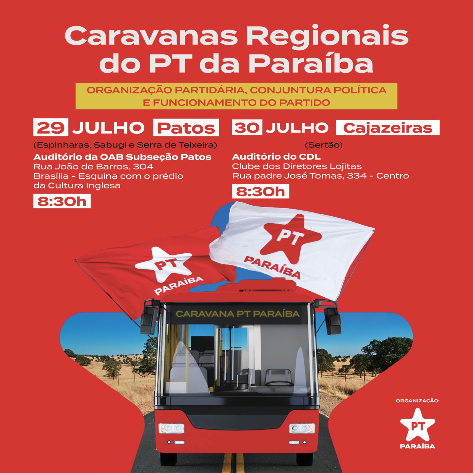 Caravana Regional do PT da Paraíba chega a Patos no próximo sábado (29)