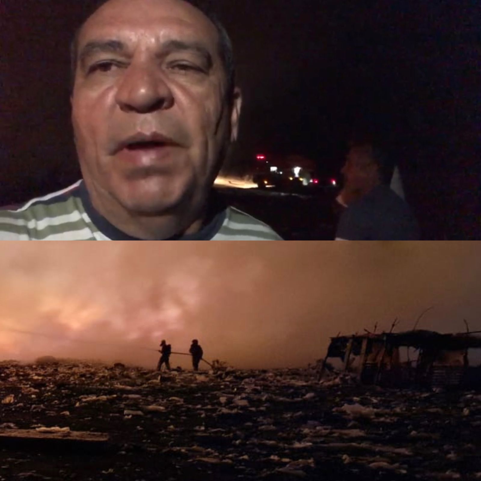 Corpo de Bombeiros e Secretaria de Serviços Públicos fazem trabalho de controle de foco de incêndio registrado na noite desta quinta (27), no Lixão de Patos