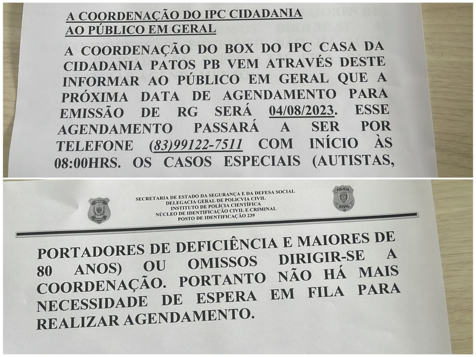 Casa da Cidadania de Patos disponibiliza novo telefone exclusivo para agendamento de RG