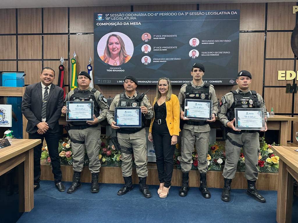 Guarnição da Polícia Militar é homenageada com Voto de Aplauso por ato de bravura após evitarem tragédia em Patos