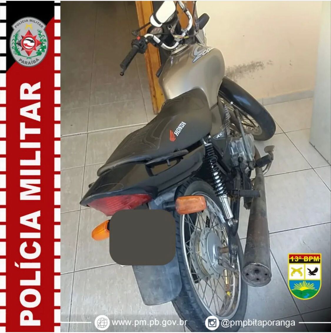 Em Itaporanga-PB, Polícia Militar apreende motocicleta com sinal identificador adulterado