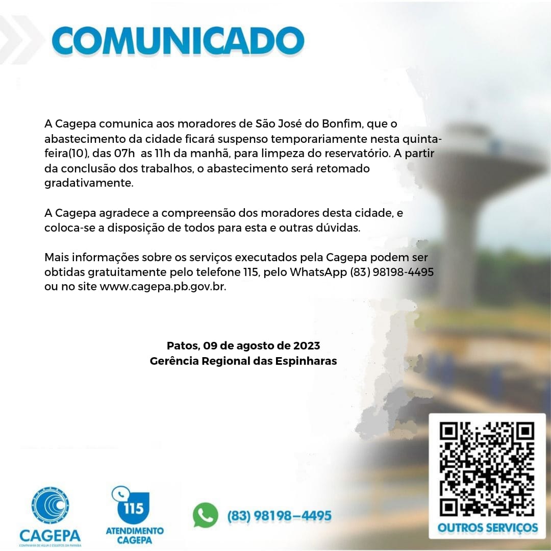 Cagepa comunica que abastecimento de água em São José do Bonfim será suspenso na manhã desta quinta-feira (10)