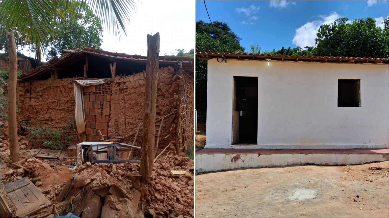 População reconstrói casa de taipa de família que ameaçava cair, na Paraíba