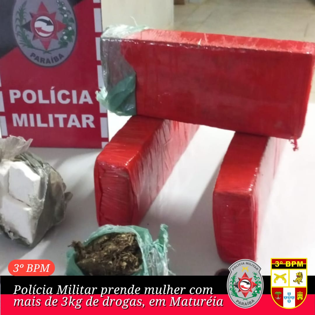 Polícia Militar prende mulher com mais de 3kg de drogas, em Matureia