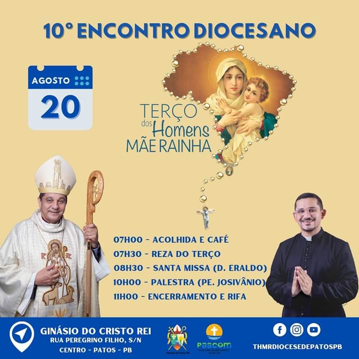 10º Encontro Diocesano do Movimento Terço dos Homens Mãe Rainha da Diocese de Patos será realizado no próximo domingo (20)