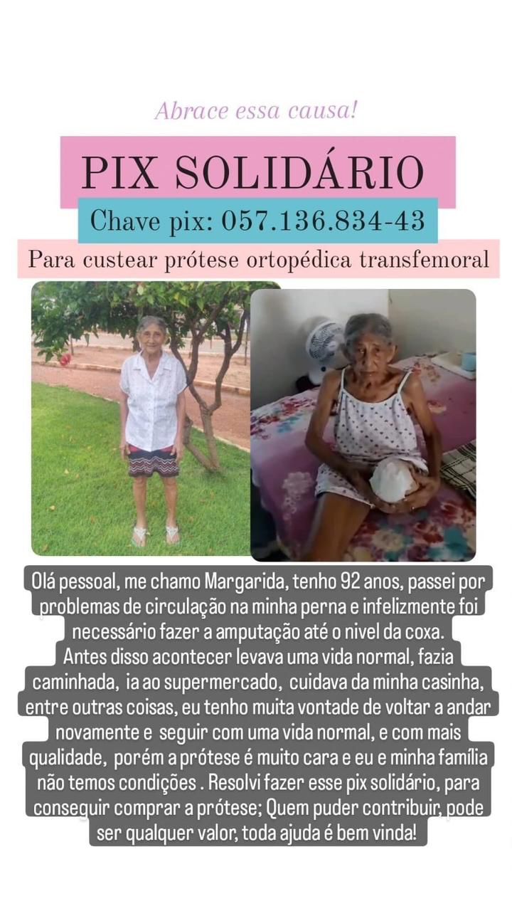 Em Patos: família de idosa de 92 anos que teve perna amputada faz campanha para conseguir comprar prótese que custa cerca de R$ 15 mil