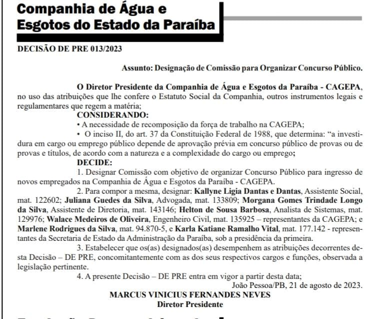 Cagepa anuncia formação de comissão para realizar concurso público com 73 vagas