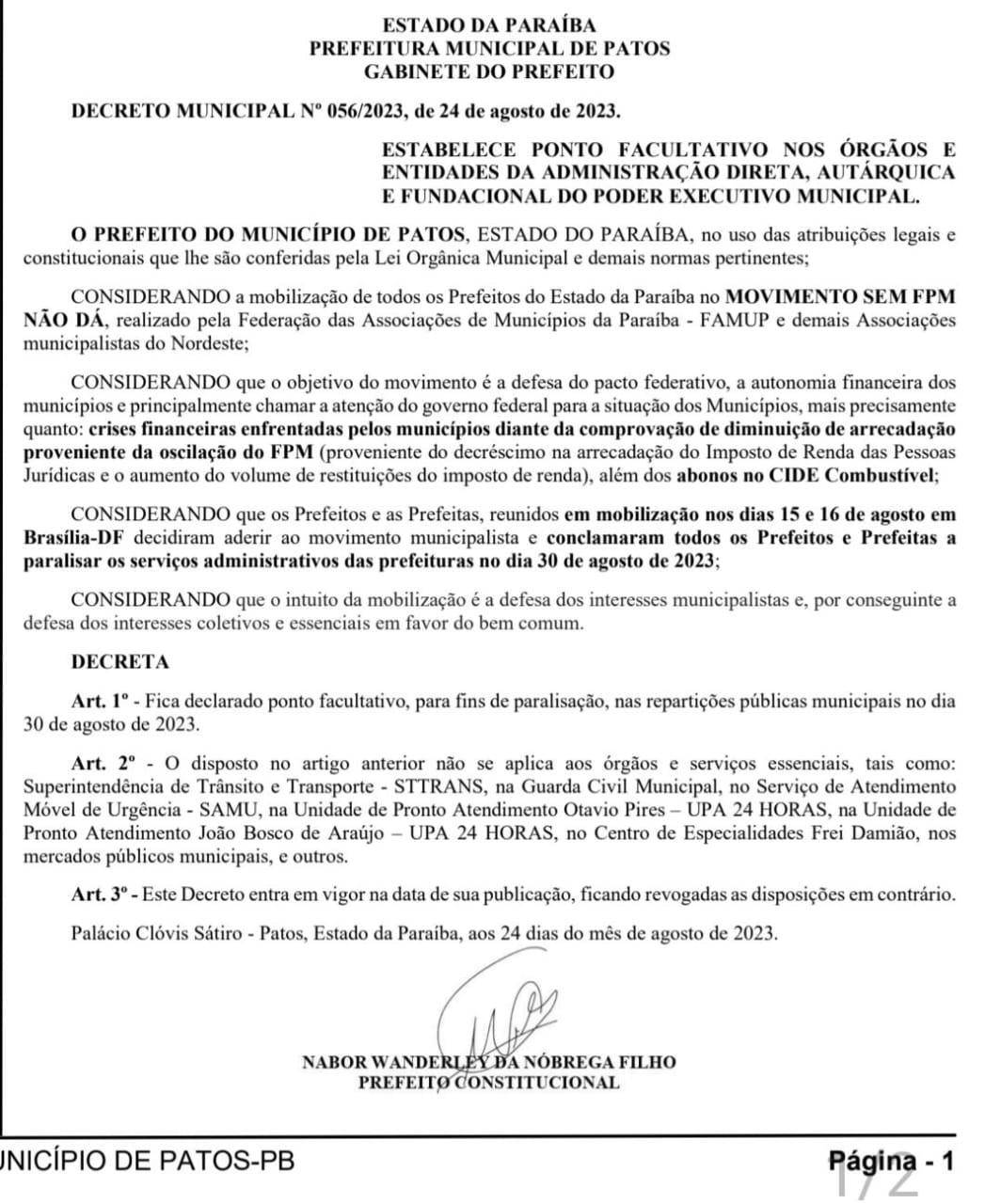 Prefeitura de Patos decreta Ponto Facultativo na quarta-feira (30) em adesão à Mobilização em defesa dos interesses municipais