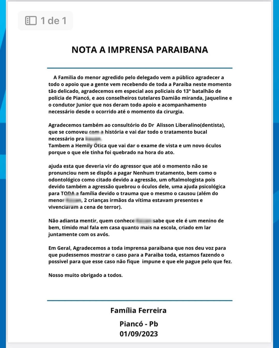 Delegado e família de adolescente vítima de agressão em Piancó, emitem notas falando sobre o caso