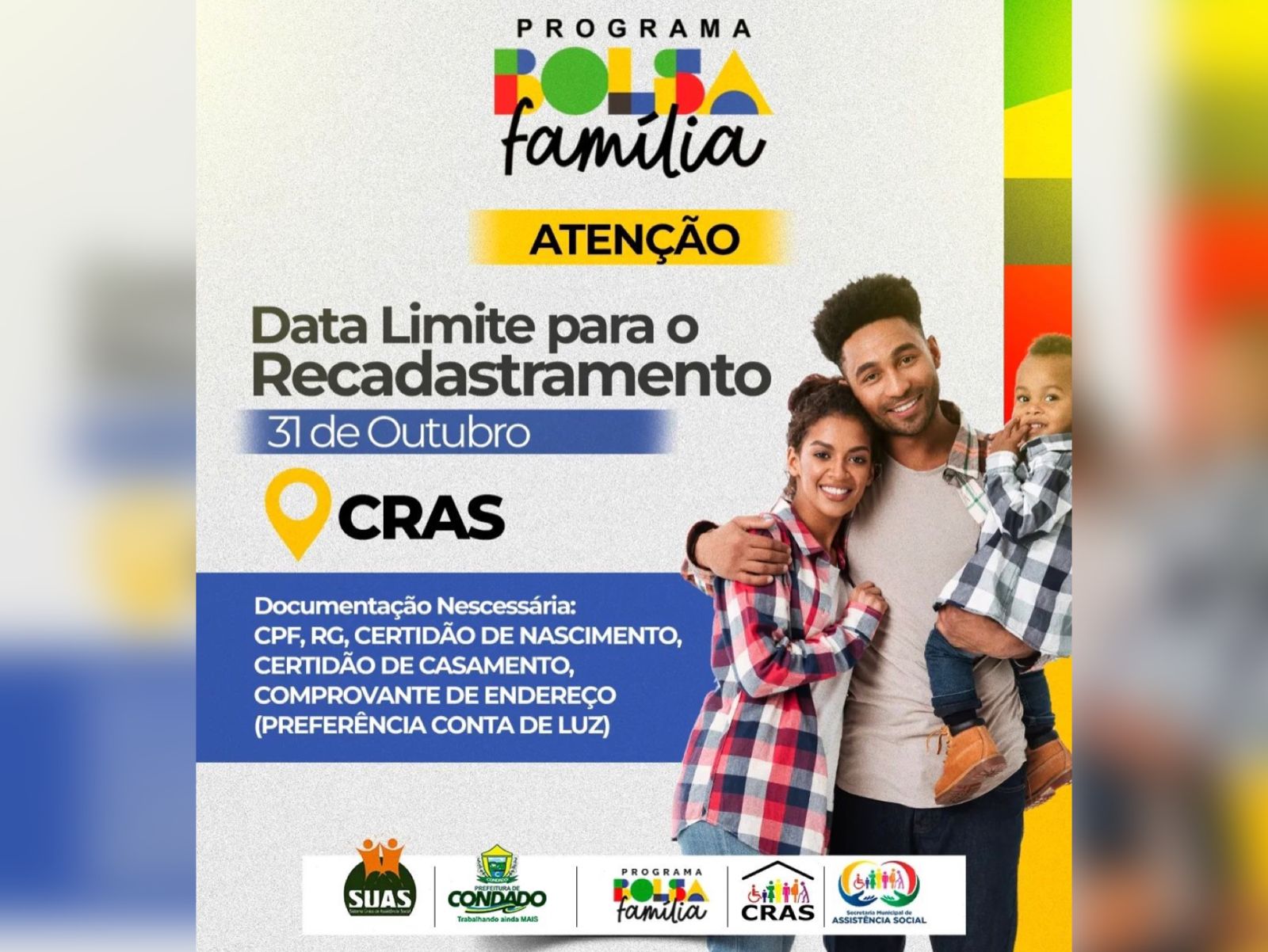 Prefeitura de Condado e Secretaria de Assistência Social anunciam prazo para recadastramento do Bolsa Família. Confira