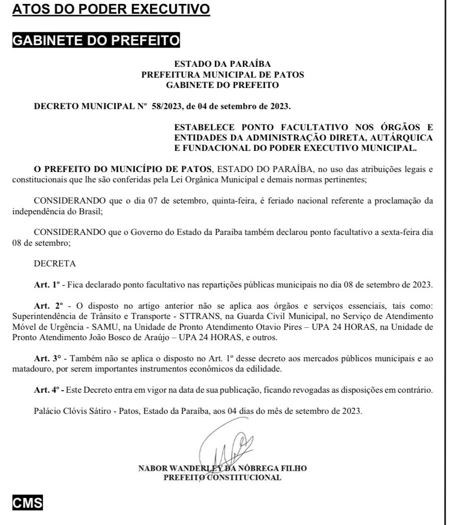 Prefeito de Patos decreta ponto facultativo nas repartições públicas municipais na próxima sexta-feira (08); mercados públicos estarão abertos