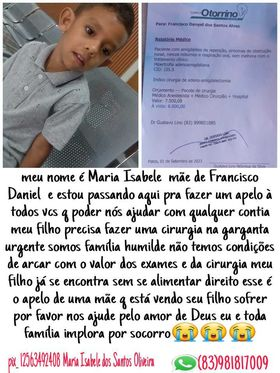 Mãe faz apelo emocionado por ajuda para cirurgia urgente do filho de 4 anos, em Patos-PB