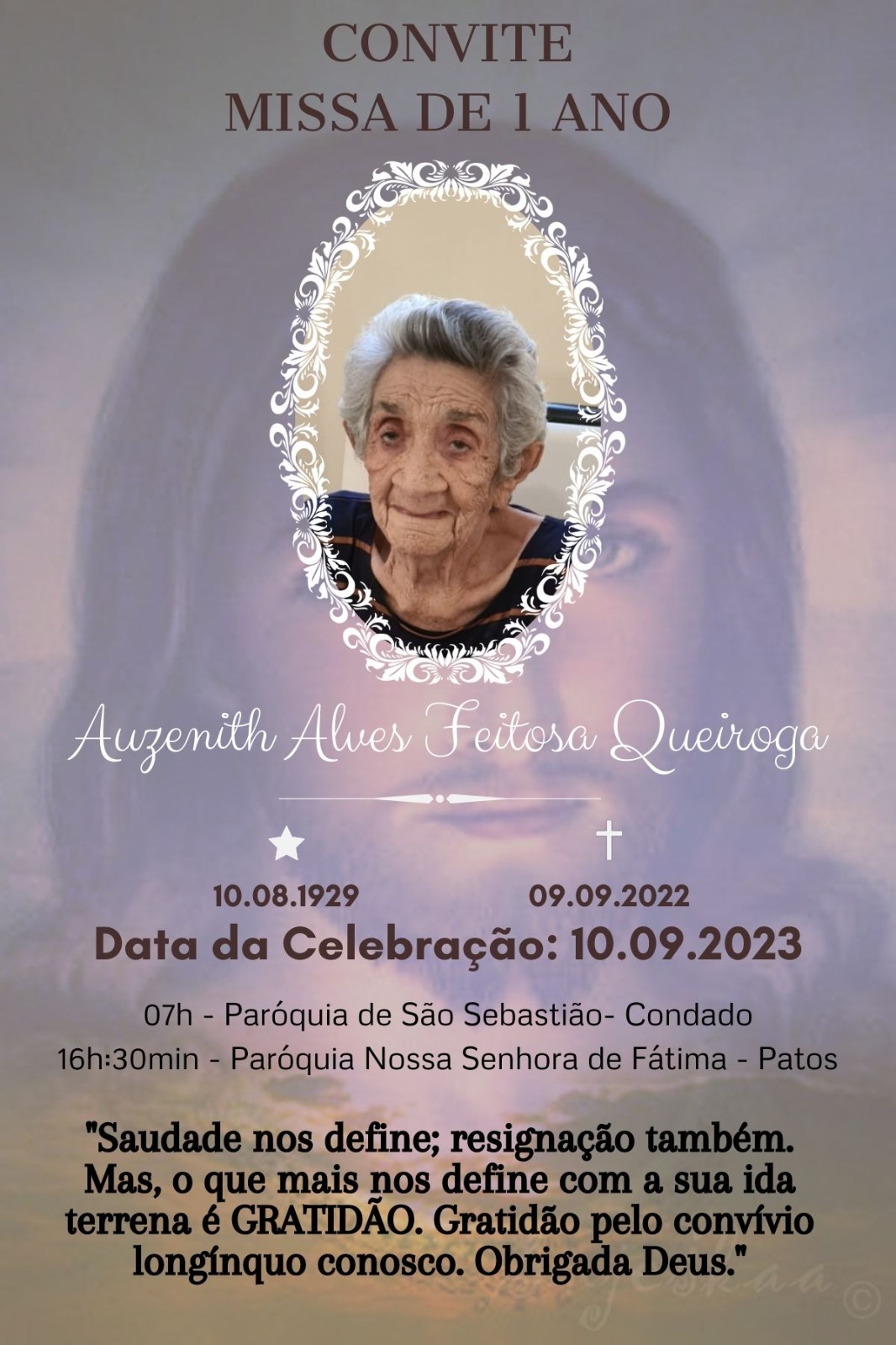 Familiares convidam parentes e amigos para missa de 1 ano da senhora Auzenith Alves Feitosa Queiroga, mãe do Delegado Djalma Queiroga