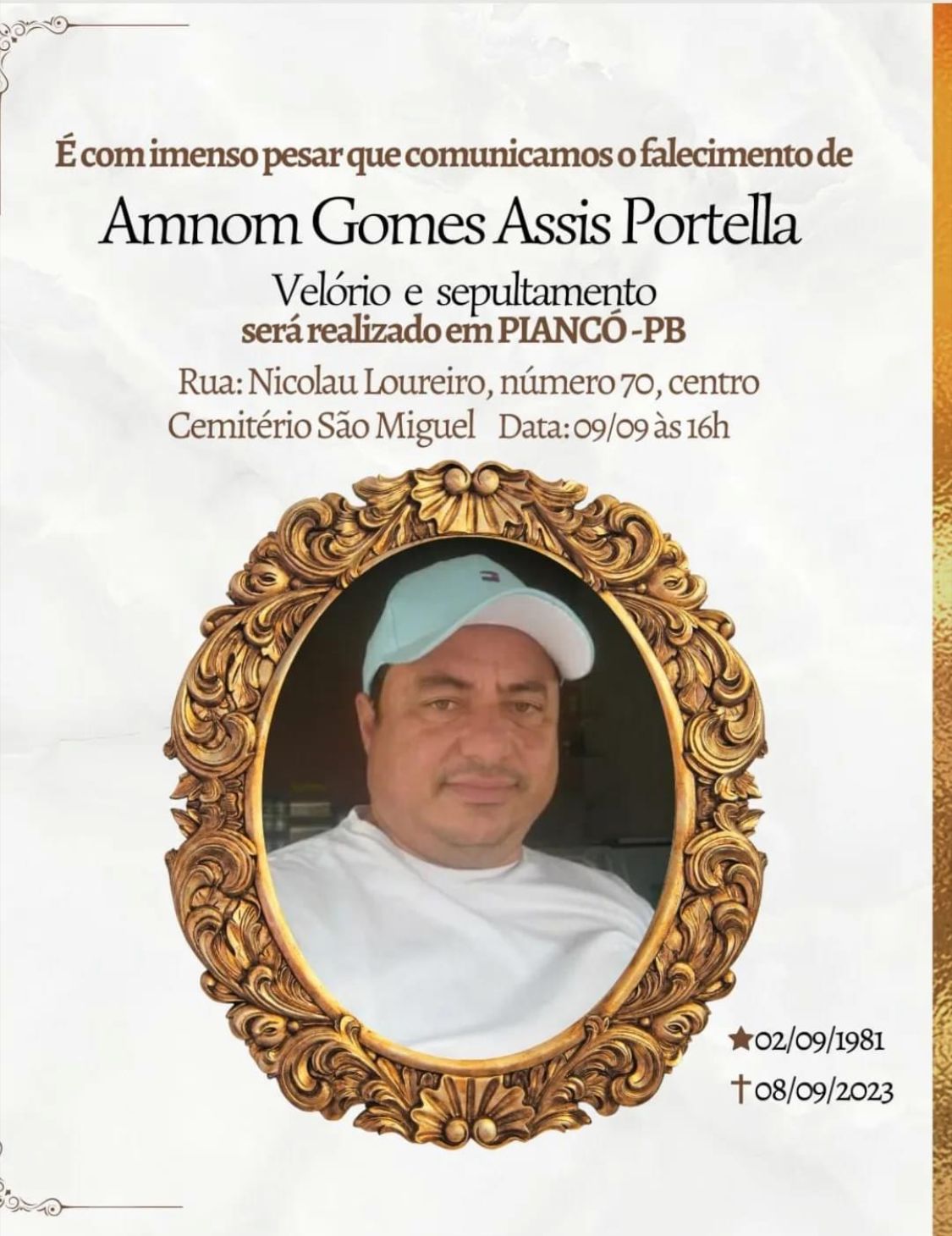 Informações de velório e sepultamento do patoense Amnom Gomes de Assis Portella, vítima de acidente na tarde de ontem (08)
